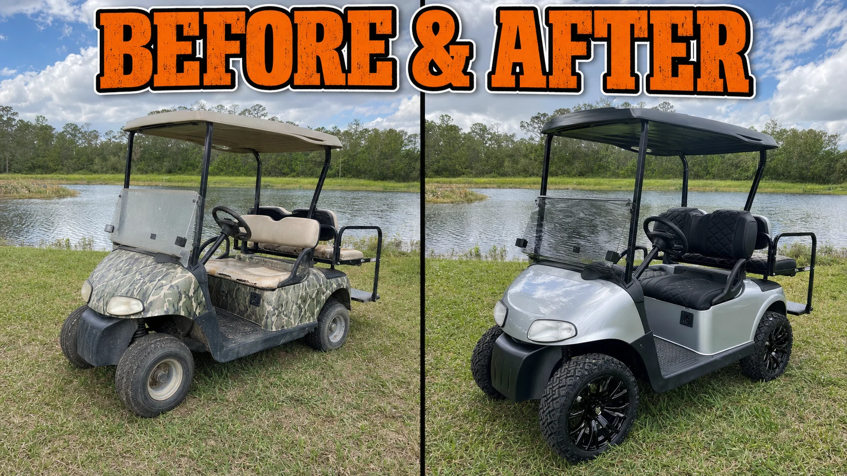 Bold orange Before and After comparison showing the same faded camouflage golf cart at a lakeside property remodeled with a satin-silver body, black upholstery, lift and black wheels