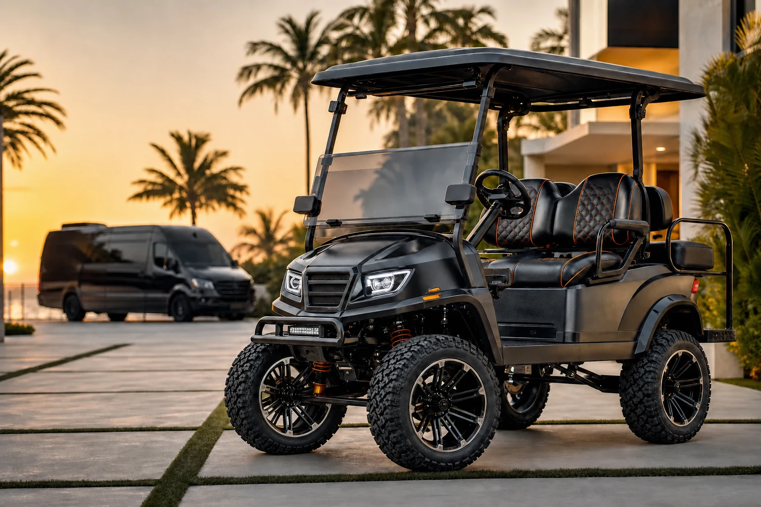 Lifted custom golf cart with black wheels, rugged tires and orange suspension details