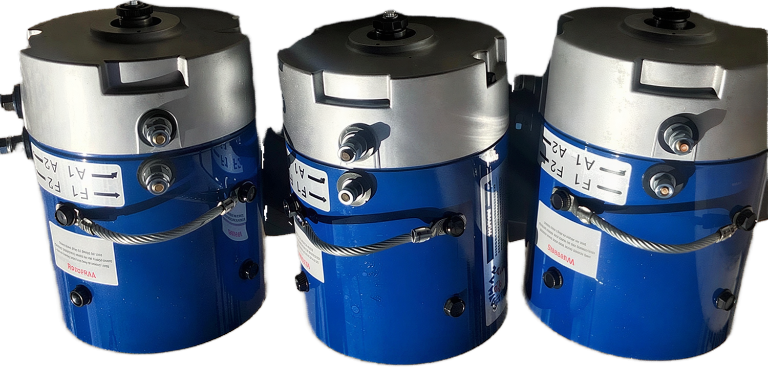 Three blue and silver golf cart electric drive motors with power terminals