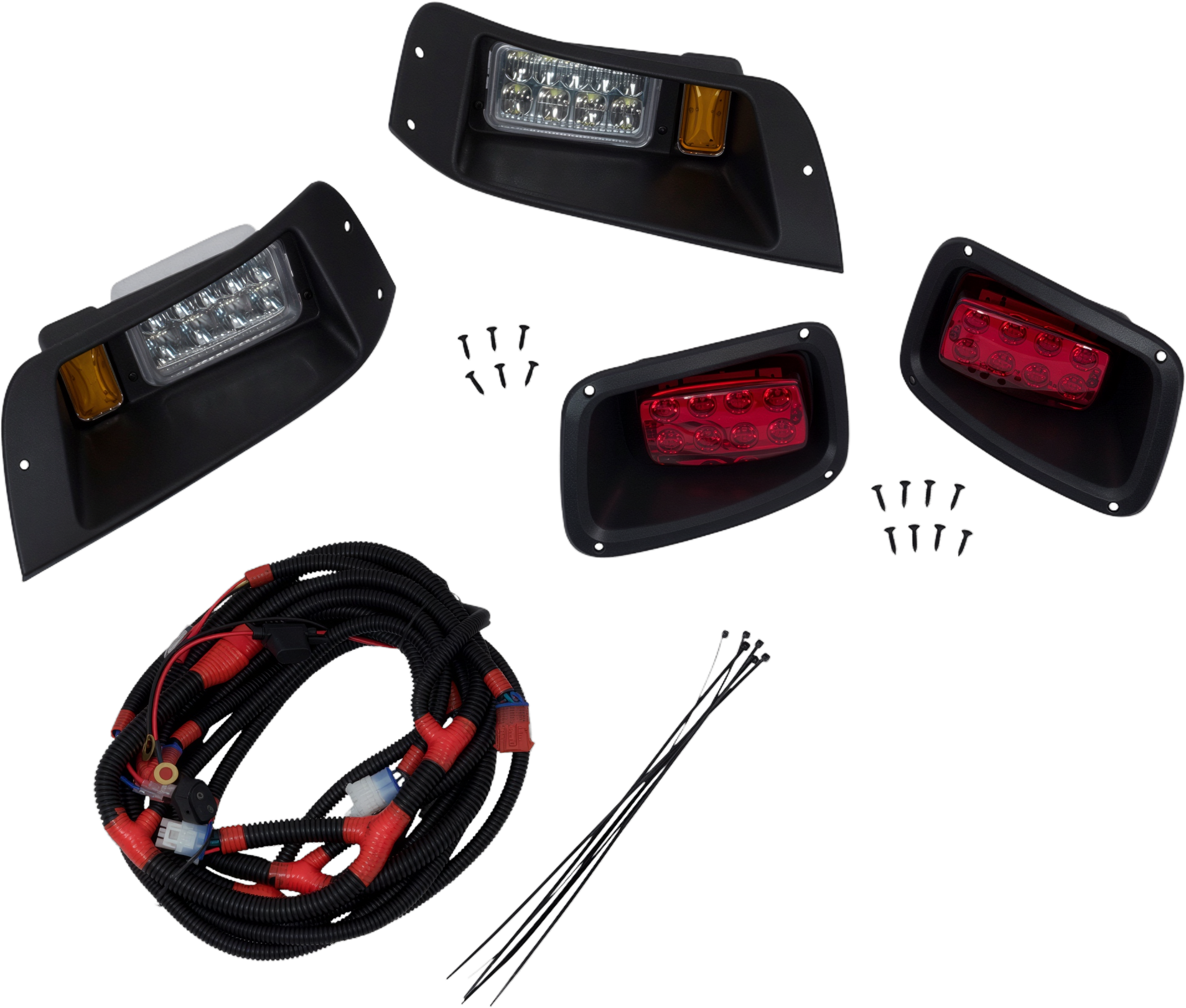 Golf cart LED headlight and taillight kit with amber marker lights, wiring harness and mounting hardware