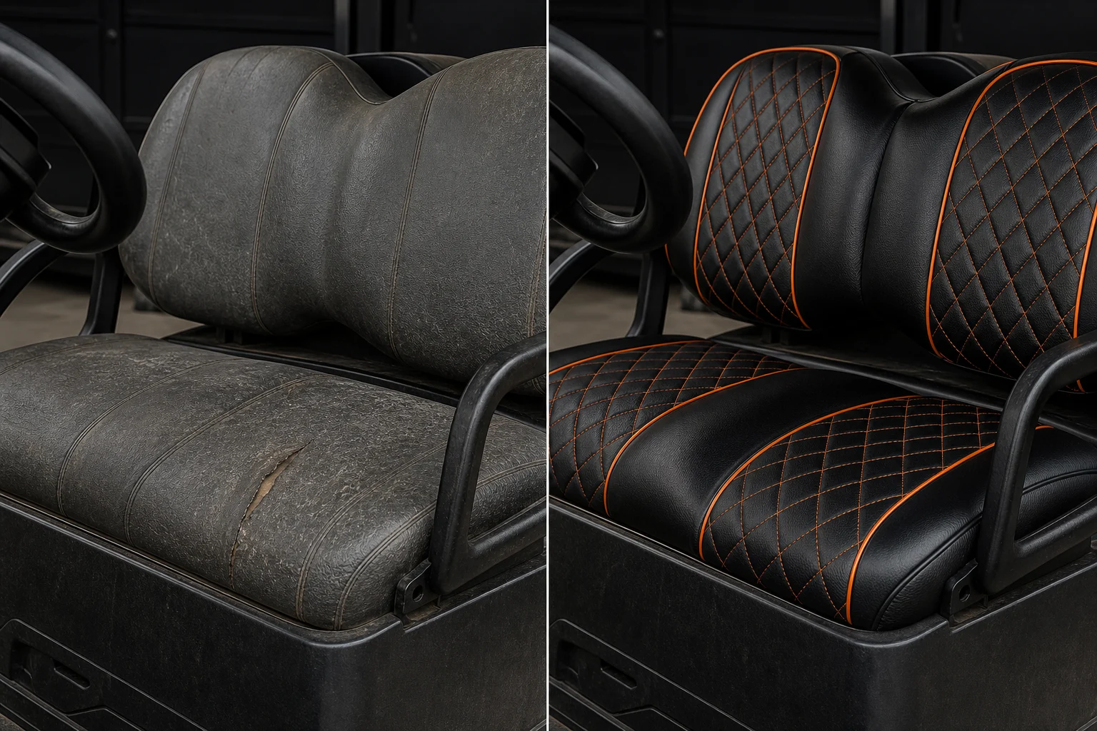 Before and after close-up of worn golf cart upholstery remodeled in black vinyl with orange diamond stitching