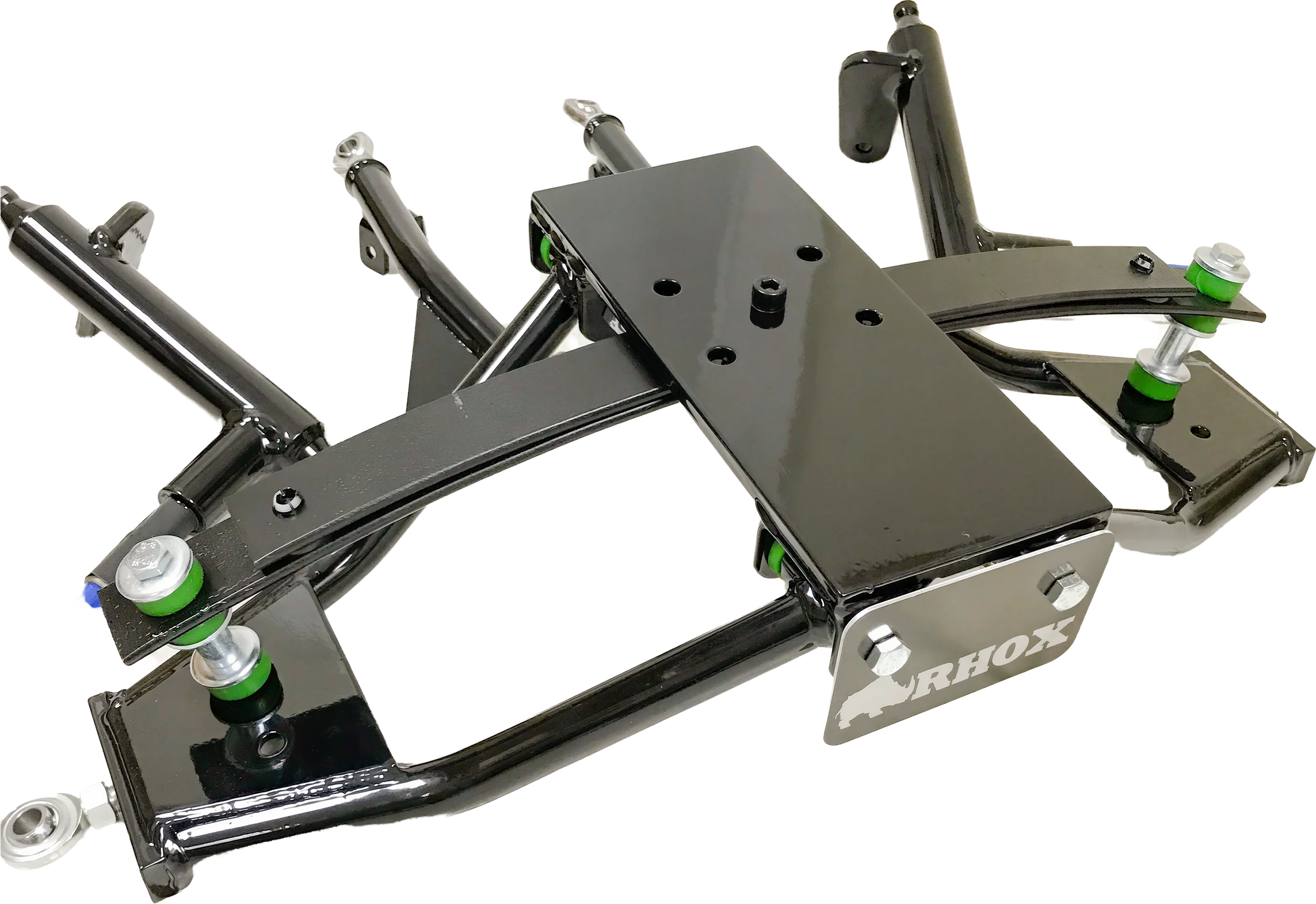 Black RHOX golf cart lift kit suspension assembly with control arms, mounting plates, bushings and hardware