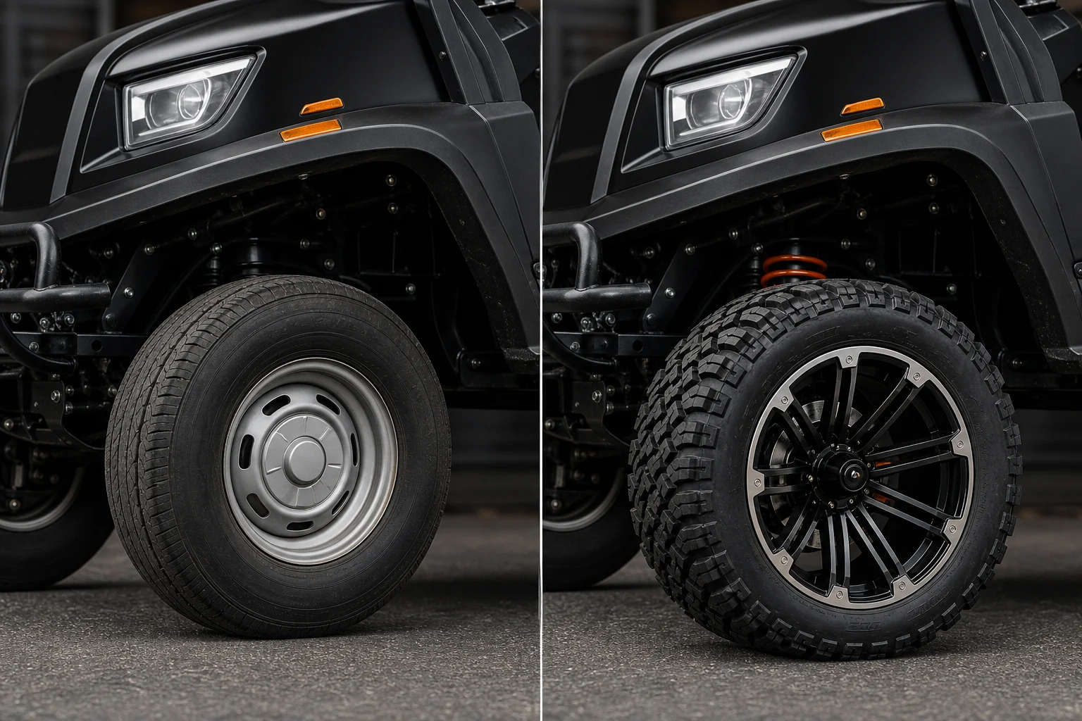 Before and after close-up of a basic golf cart wheel upgraded to a black machined multi-spoke rim and all-terrain tire
