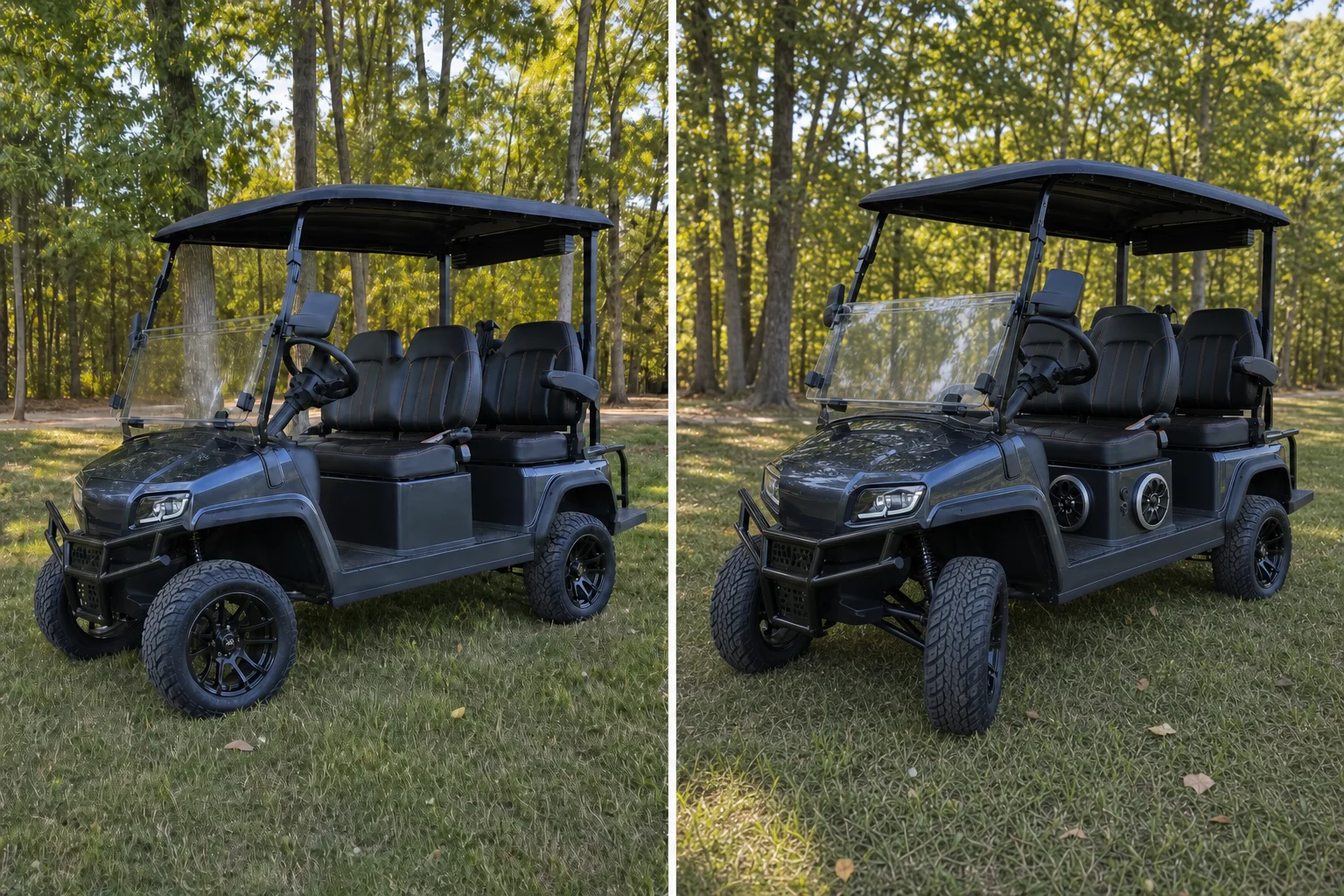 Before and after outdoor view of a golf cart upgraded with two marine speakers integrated into fitted side-panel enclosures