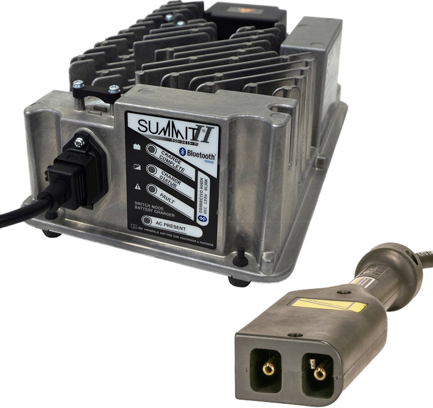 Summit II smart golf cart battery charger with Bluetooth status panel and charging connector